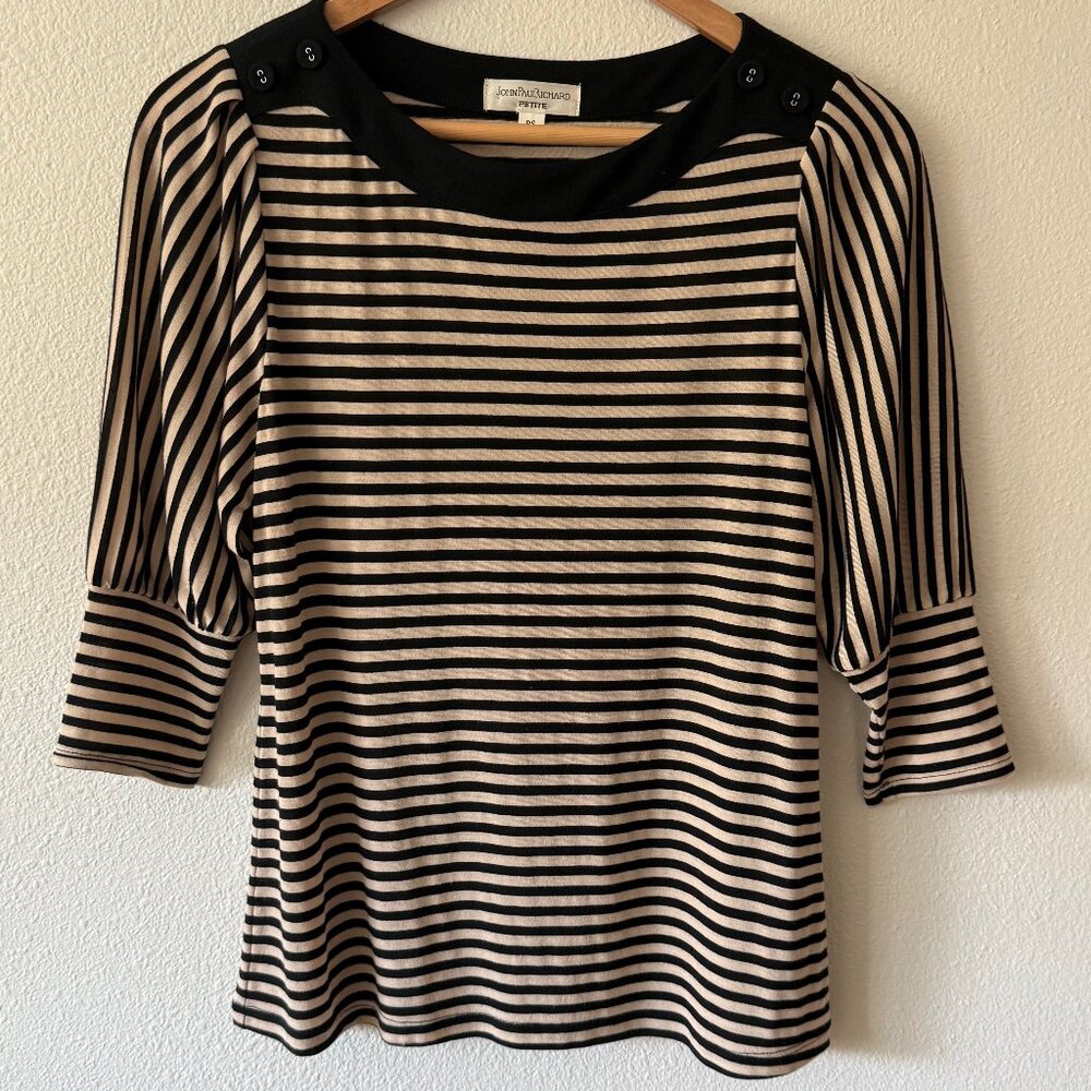 John Paul Richard Petite Black Tan Striped 3/4 Sleeve Size PS